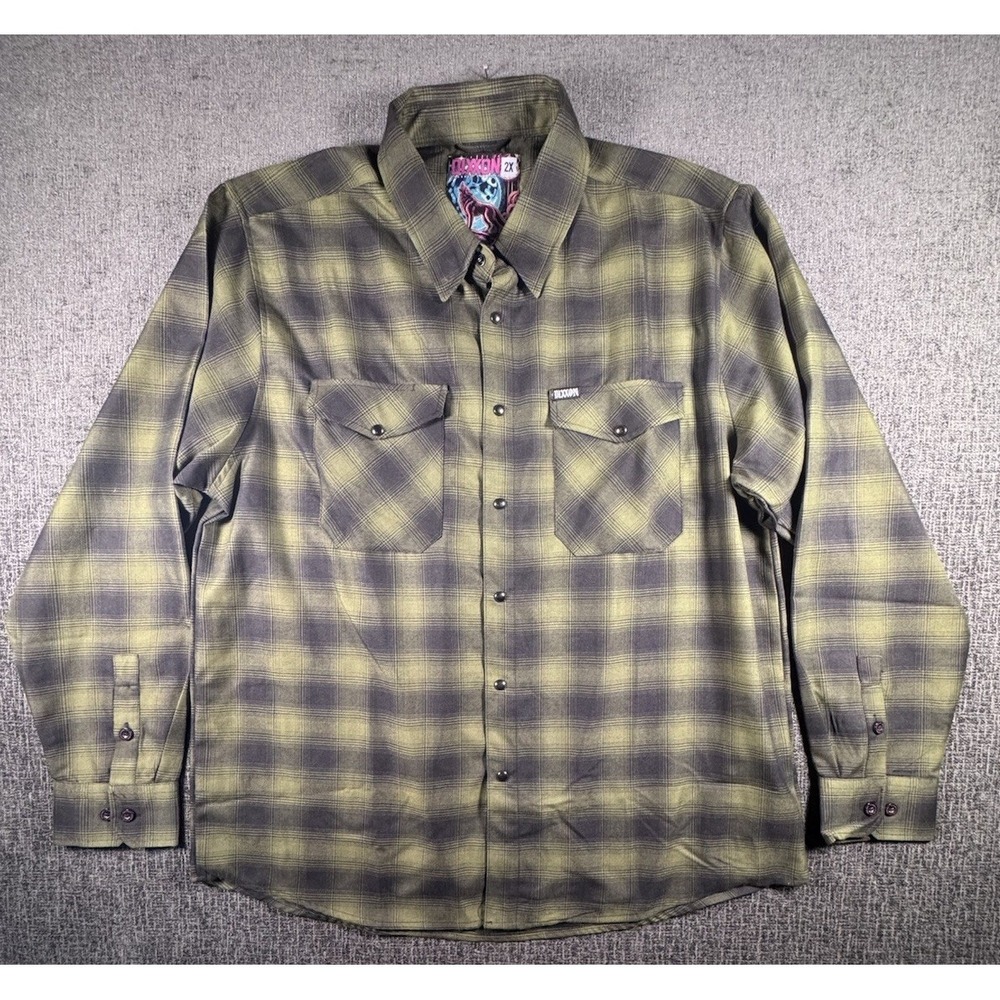 Dixxon Flannel Shirt Lone Wolf Mens 2X Green Plaid‎ Long Sleeve Pearl Snap